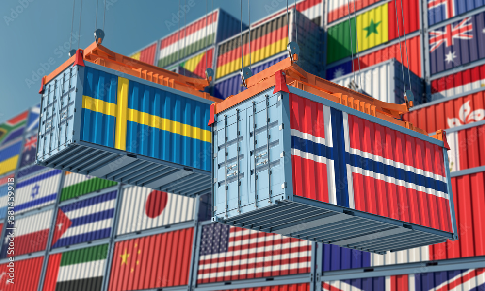 Freight containers with Norway and Sweden national flag. 3D Rendering