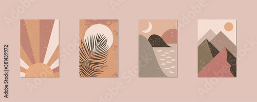Minimalist wall art. Abstract landscapes for boho esthetic interior. Home decor wall prints. Soft pink, terracotta colors with mustard hues. Sun and moon. Contemporary artistic EPS 10 printable vector