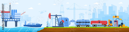 Oil gas industry vector illustration. Cartoon flat industrial urban landscape with manufacturing plant silhouettes, offshore sea platform, oil drilling rigs and cargo truck transportation background