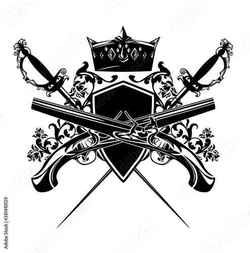 antique duel pistols, crossed epee swords and royal crown with heraldic shield among rose flowers - vintage style security concept black and white vector design