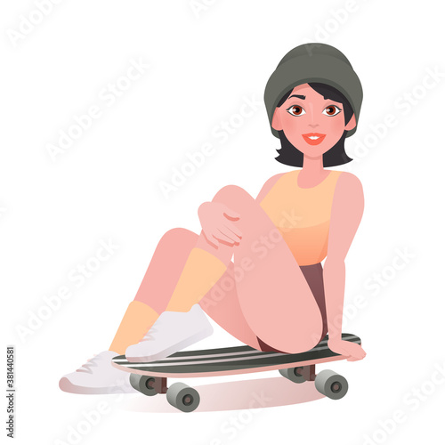 Girl with skateboard. Young happy female sit on cool skateboard. Extreme sport or urban active concept. Vector illustration