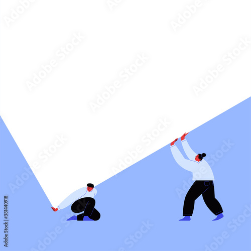 Two characters pushing up a blank white page. Flat illustration of a man and a woman holding white paper. Template for your content.