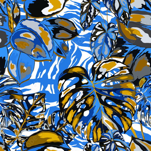 Tropical seamless pattern on animalistic texture. Jungle exotic summer print. Summer tropical leaf. Tropical flower fashion pattern. Floral tropic illustration. Vector seamless pattern.