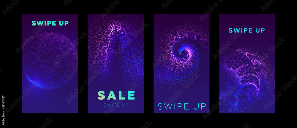 Social media promo sale templates set with swipe up buttons. Liquid dynamic particles fluid flow. Eps10 vector illustration
