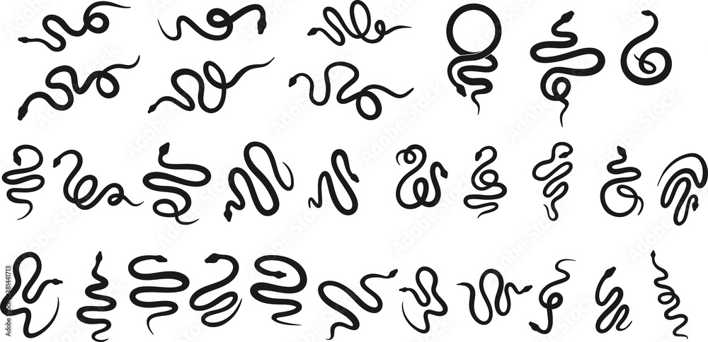 big set of vector Snake silhouettes on white background