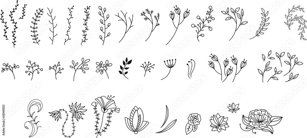Hand drawn Botanical Set of design elements with flower and leaf. Simple Boho Flower for Logo design,Tattoo sketches. Perfect for wedding invitations, greeting cards, blogs, posters