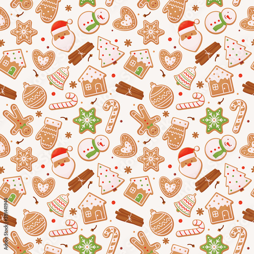 Seamless festive pattern with gingerbread and cinnamon sticks.