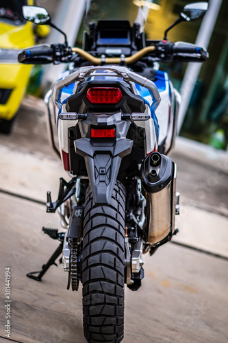 BANGKOK, THAILAND - SEPTEMBER 26, 2020 : Honda Africa Twin Enduro motorcycle model.Close-up front view. photo