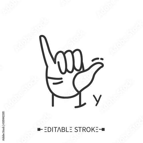  Hand gesture showing Y letter line icon. Fingerspelling American sign language alphabet for deaf-mutes. Shaka, hang loose, hello sign. Emoji. Mudra. Isolated vector illustration. Editable stroke 