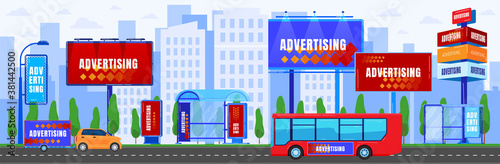 City advertising vector illustration. Cartoon flat urban cityscape panorama with car bus driving on asphalt street road, modern skyscraper building with digital commercial advert billboard background