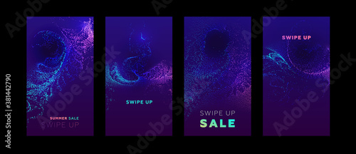 Social media promo sale templates set with swipe up buttons. Liquid dynamic particles fluid flow. Eps10 vector illustration