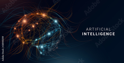 Conceptual illustration for AI concept. Digital human brain shaped with colorful lines
