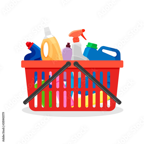 Red plastic shopping cart full of detergent bottles and containers. Supermarket basket with cleaning supplies and washing powder icons.