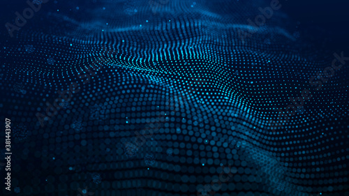 Wave 3d. Wave of particles. Abstract Blue Geometric Background. Big data visualization. Data technology abstract futuristic illustration. 3d rendering.