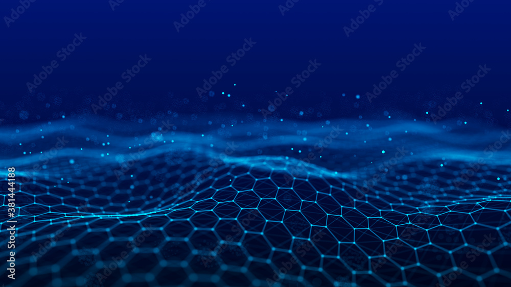 Futuristic blue hexagon background. Futuristic honeycomb concept. Wave of particles. 3D rendering. - obrazy, fototapety, plakaty 