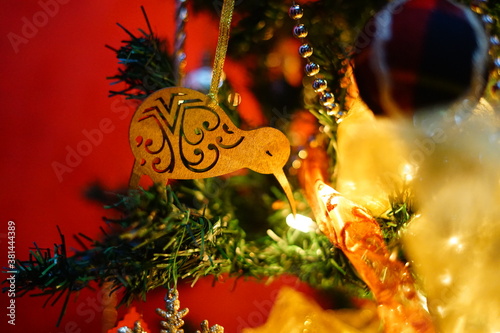 Wooden kiwi bird on a Christmas Tree