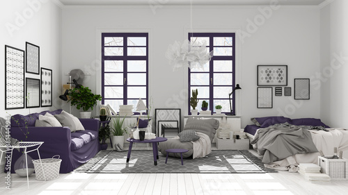 Fototapeta Naklejka Na Ścianę i Meble -  Scandinavian open space in white and purple tones, living room and bedroom with sofa and bed, coffee tables, carpet, decors and potted plants, parquet floor, modern interior design