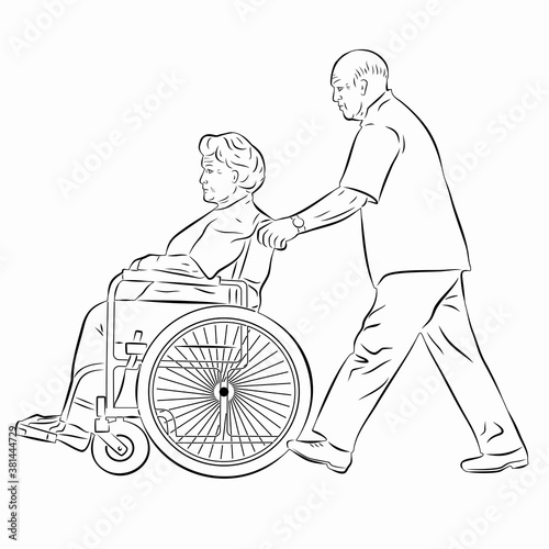 illustration of a disabled senior person in wheelchair, vector drawing