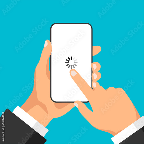 Hand holds phone with loading in progress on a white display. Blank screen with black loading icon. Vector illustration.
