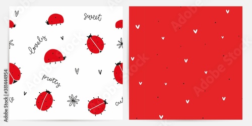 Cute ladybug vector seamless background set with lettering, flower and heart vector images. Red insect with black dots repeat pattern for girls pajama or gift wrapping.