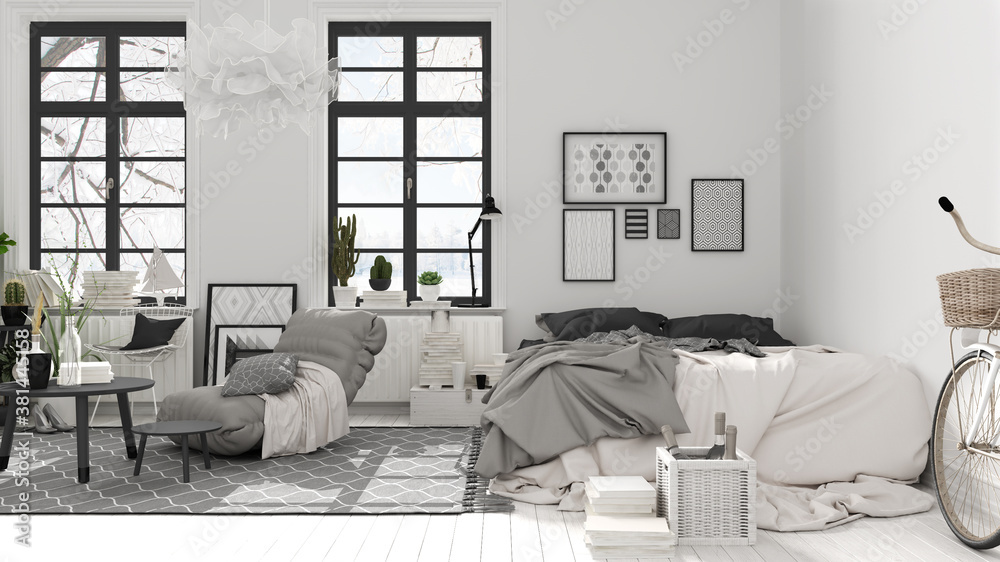 Scandinavian open space in white and gray tones, bedroom with bed and decors, coffee tables, armchair, pillows, carpet, decors and plants, parquet floor, modern interior design Scandinavian open space in white and gray tones, bedroom with bed and decors, coffee tables, armchair, pillows, carpet, decors and plants, parquet floor, modern interior design