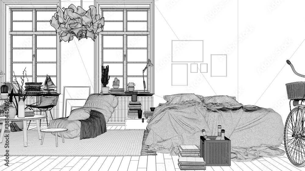 Blueprint project draft of scandinavian open space, bedroom with double bed and decors, coffee tables, armchair, carpet, decors and plants, parquet floor, modern interior design Blueprint project draft of scandinavian open space, bedroom with double bed and decors, coffee tables, armchair, carpet, decors and plants, parquet floor, modern interior design