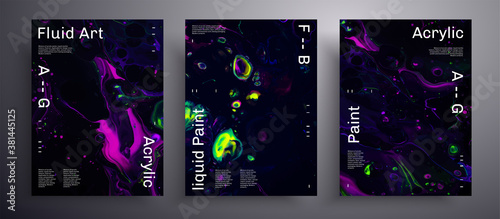 Abstract vector placard, texture pack of fluid art covers. Beautiful background that applicable for design cover, poster, brochure and etc. Purple, green, yellow and black creative iridescent artwork.