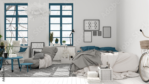 Scandinavian open space in white and blue tones, bedroom with bed and decors, coffee tables, armchair, pillows, carpet, decors and plants, parquet floor, modern interior design © ArchiVIZ