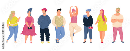 Body positive creative concept. Collection plus size, curvy people. Hand draw vector illustration in trendy style.