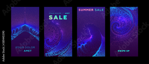 Social media promo sale templates set with swipe up buttons. Liquid dynamic particles fluid flow. Eps10 vector illustration