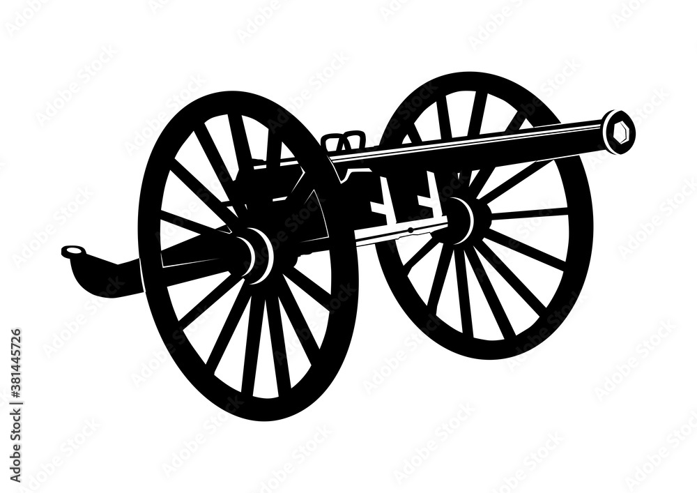 Obsolete cannon. Silhouette of an old cannon on wooden wheels. Flat vector.
