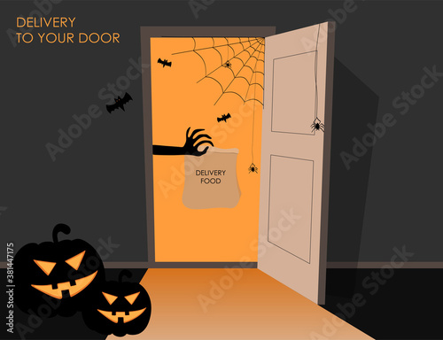 Delivery for Happy Halloween. Scary hand holding a package.Open doors. Outside the house.
