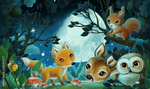 cartoon image with forest animals by night squirrel fox owl deer - illustration