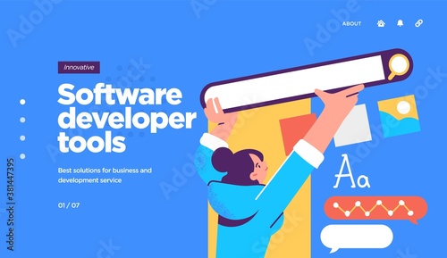 Landing page template of developing computer software, coding and programming . Modern flat design concept of web page design for website. Vector illustration