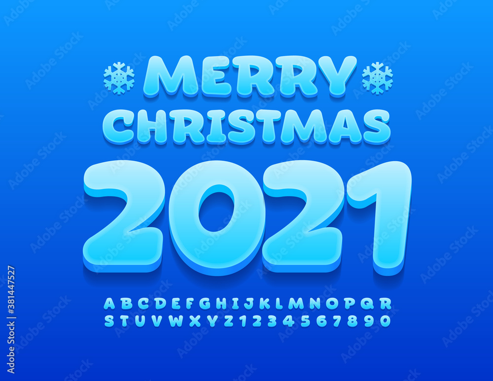 Vector card Marry Christmas 2020 with snowflakes. Modern blue Font. 3D trendy Alphabet Letters and Numbers set
