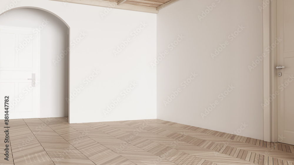 Fototapeta premium Empty room interior design, open space with white walls and parquet wooden floor and roof, modern contemporary architecture, morning light, mock-up with copy space