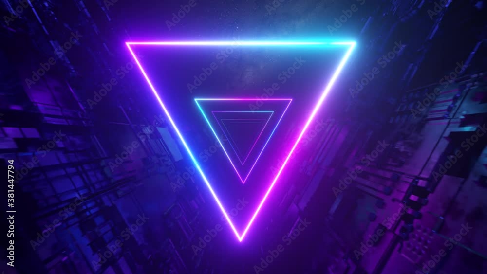 Sci-fi tunnel with neon triangles. An endless flight forward to the stars and the milky way. Modern neon lighting. Seamless loop 3d render