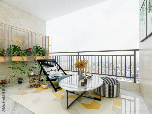 Fototapeta Modern city high-rise residential open garden balcony design, comfortable and co