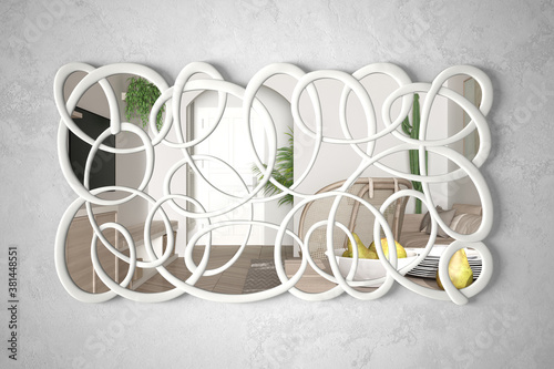 Modern twisted shape mirror hanging on the wall reflecting interior design scene, bright scandinavian kitchen, minimalist white architecture, architect designer concept idea