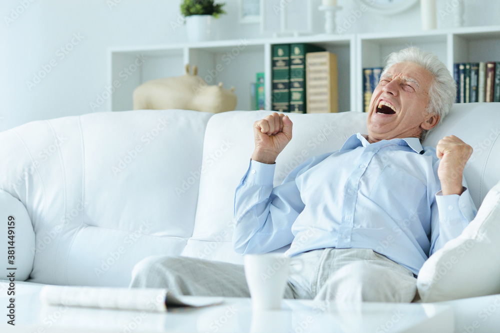 Obraz premium Portrait of senior man reading newspaper at home