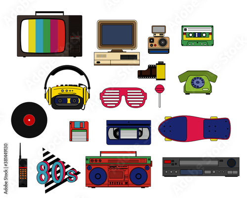 Set of vintage retro 1980s style items that symbolize the 80s decade, tv, vhs, pc, cassete, skate and more, icon isolated. Easy to combine and edit