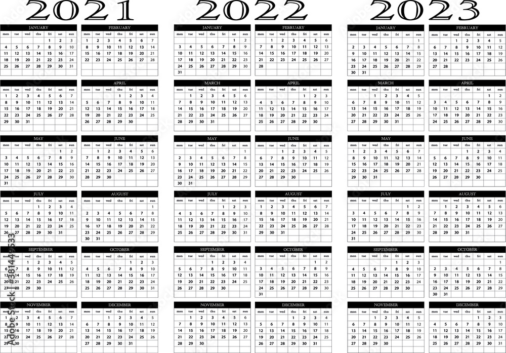 Calendario años 2021, 2022, 2023 - obrazy, fototapety, plakaty 