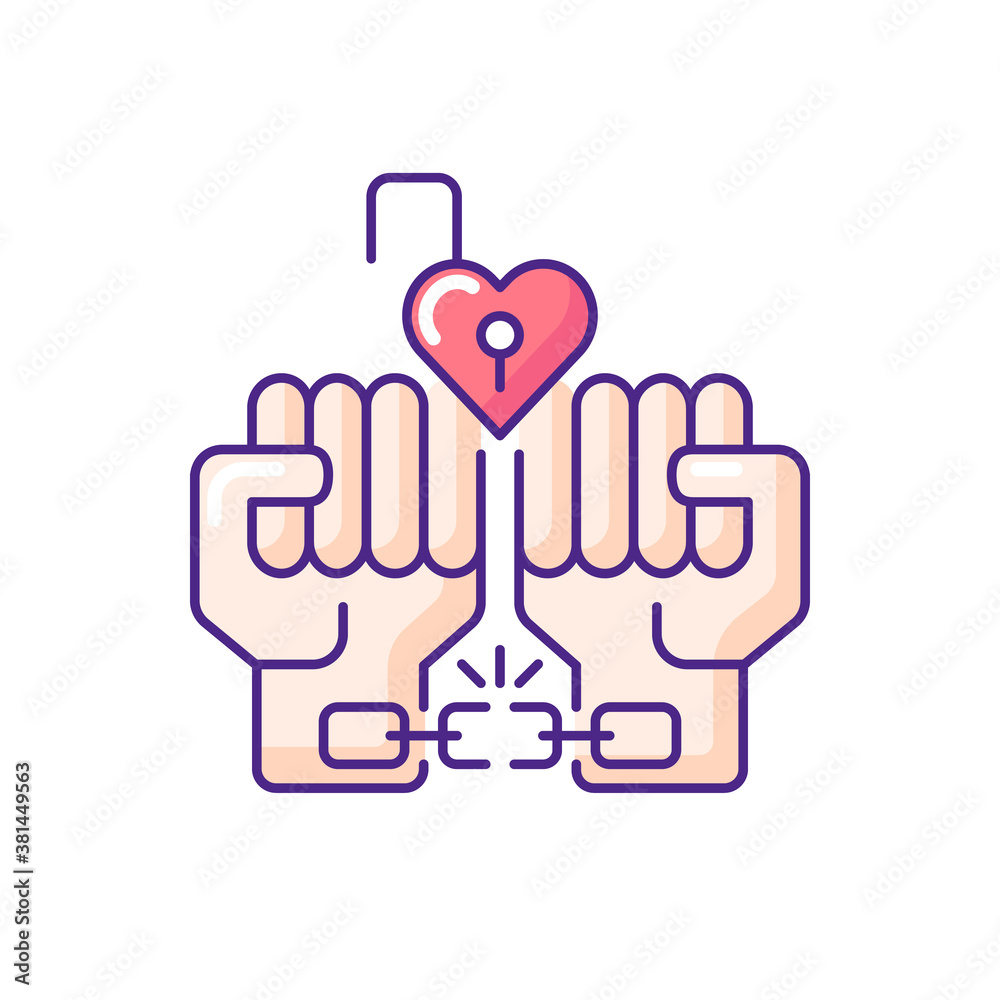 Free love RGB color icon. LGBTQ coming out. Hands breaking chains. Gay rights. Human love. Gender changing. Love issues solving. Isolated vector illustration