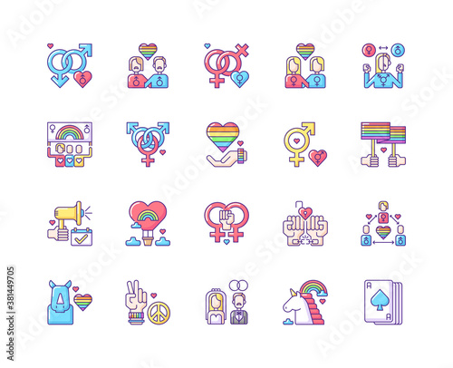 Pride parade RGB color icons set LGBTQ community symbols. Love and freedom signs. Rainbow flag. Isolated vector illustrations