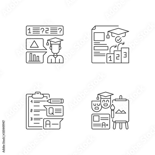 Questioning checklist pixel perfect linear icons set. Succesful examination. Academic degree. Education. Customizable thin line contour symbols. Isolated vector outline illustrations. Editable stroke