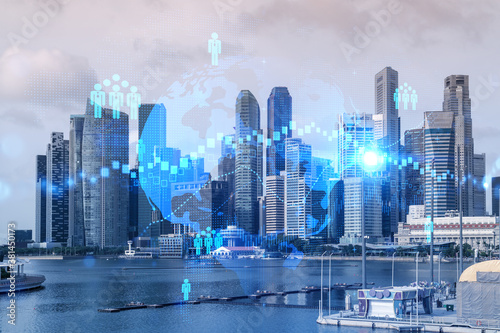 Social media icons hologram over panorama city view of Singapore, Asia. The concept of people networking and connections. Double exposure.
