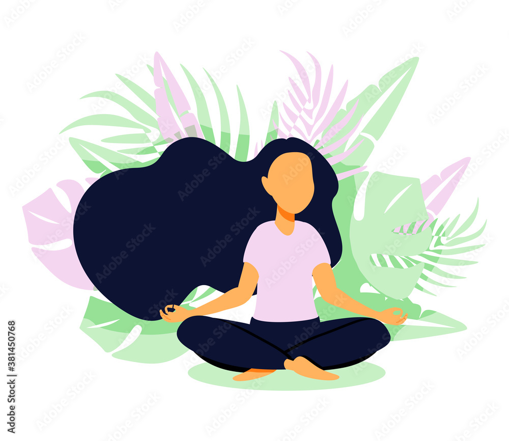 Mindfulness, meditation and yoga background in pastel vintage colors with women sit with crossed legs and meditate. 