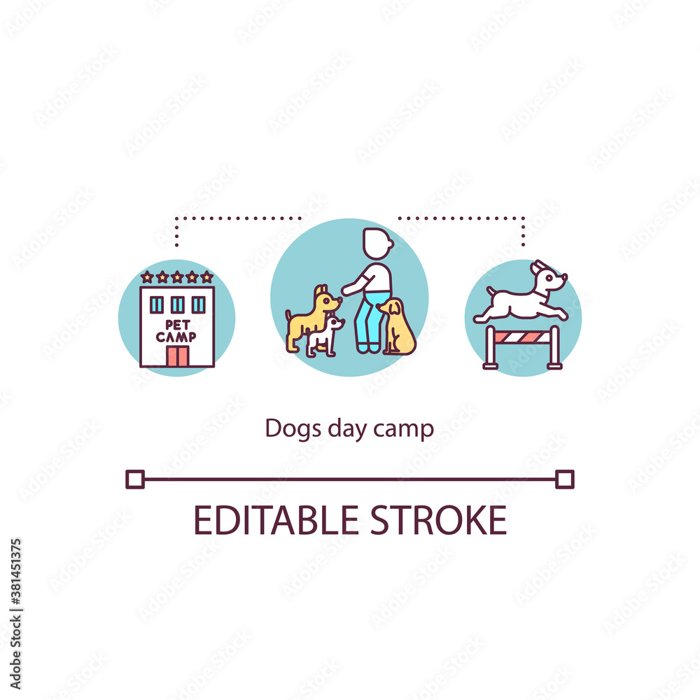 Dogs day camp concept icon. Practice daily manners. Dog boarding services. Pet behavior training idea thin line illustration. Vector isolated outline RGB color drawing. Editable stroke