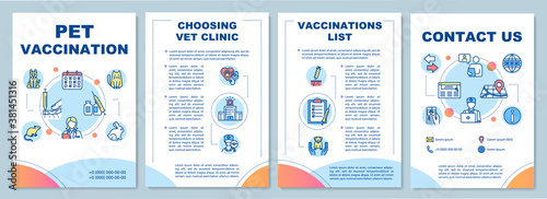Pet vaccination brochure template. Choosing vet clinic. Flyer, booklet, leaflet print, cover design with linear icons. Vector layouts for magazines, annual reports, advertising posters