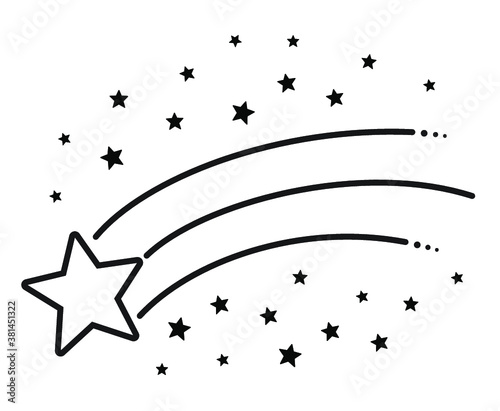 Clip art line art illustration of shooting star with small stars